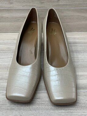 LifeStride‎ Cream Croco Leather Square Toe Block Heel Pumps Mens 9M 90s Y2K